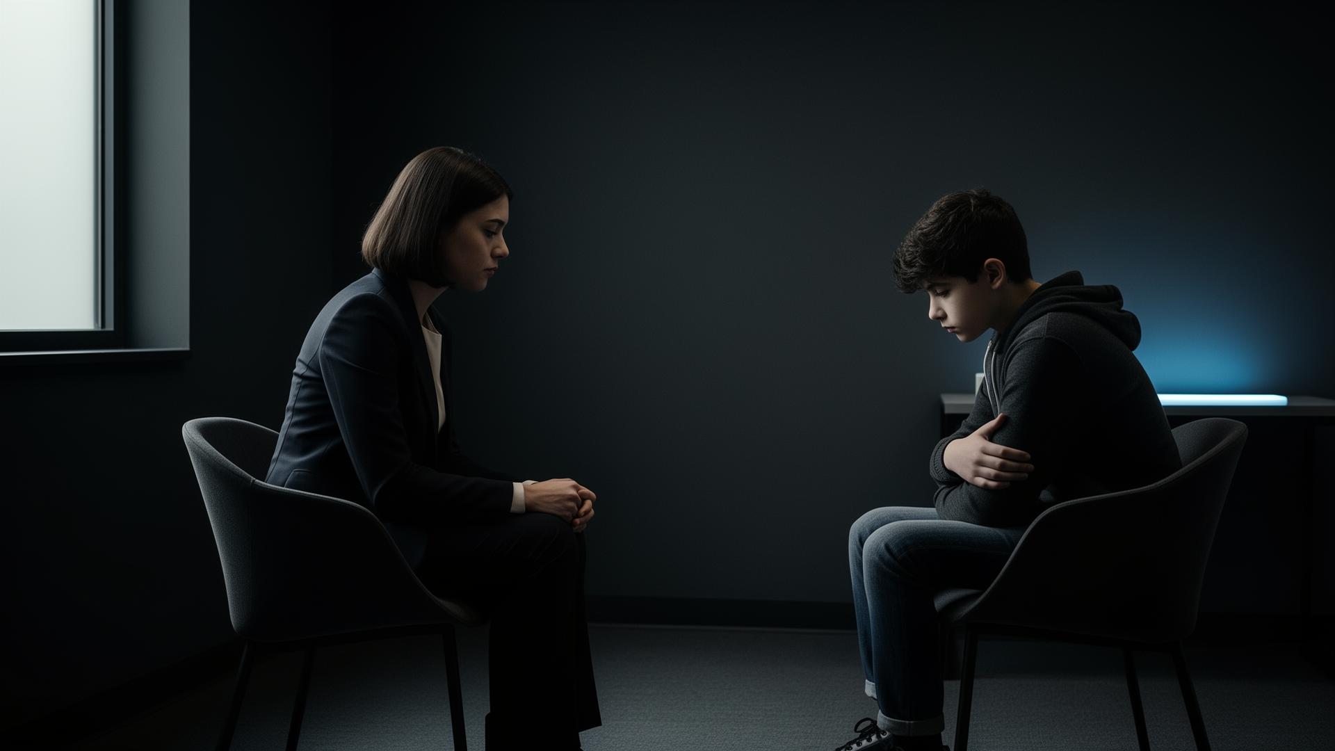 Therapist sitting across from a withdrawn teenage client in a calm, dark, modern therapy office